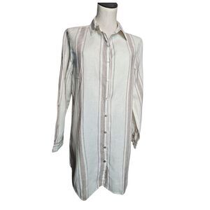 JONES & CO 100% Linen Vertical Stripe Roll Tab Sleeve Button Up Tunic Medium